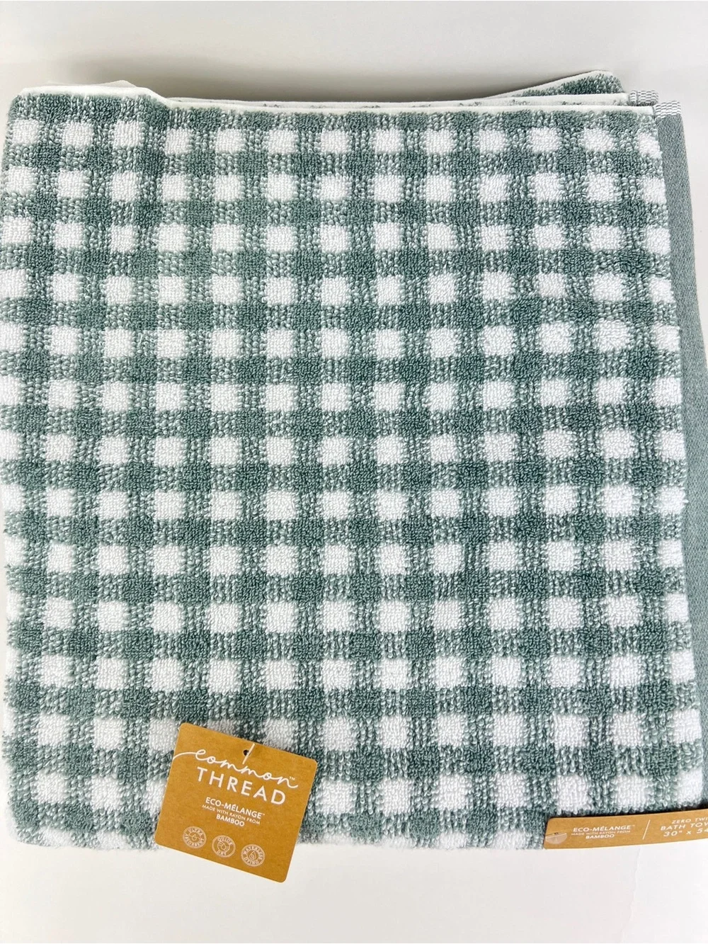 Common Thread Bath Towels Light Green White Check Eco-Melange Bamboo 2 Pc NEW